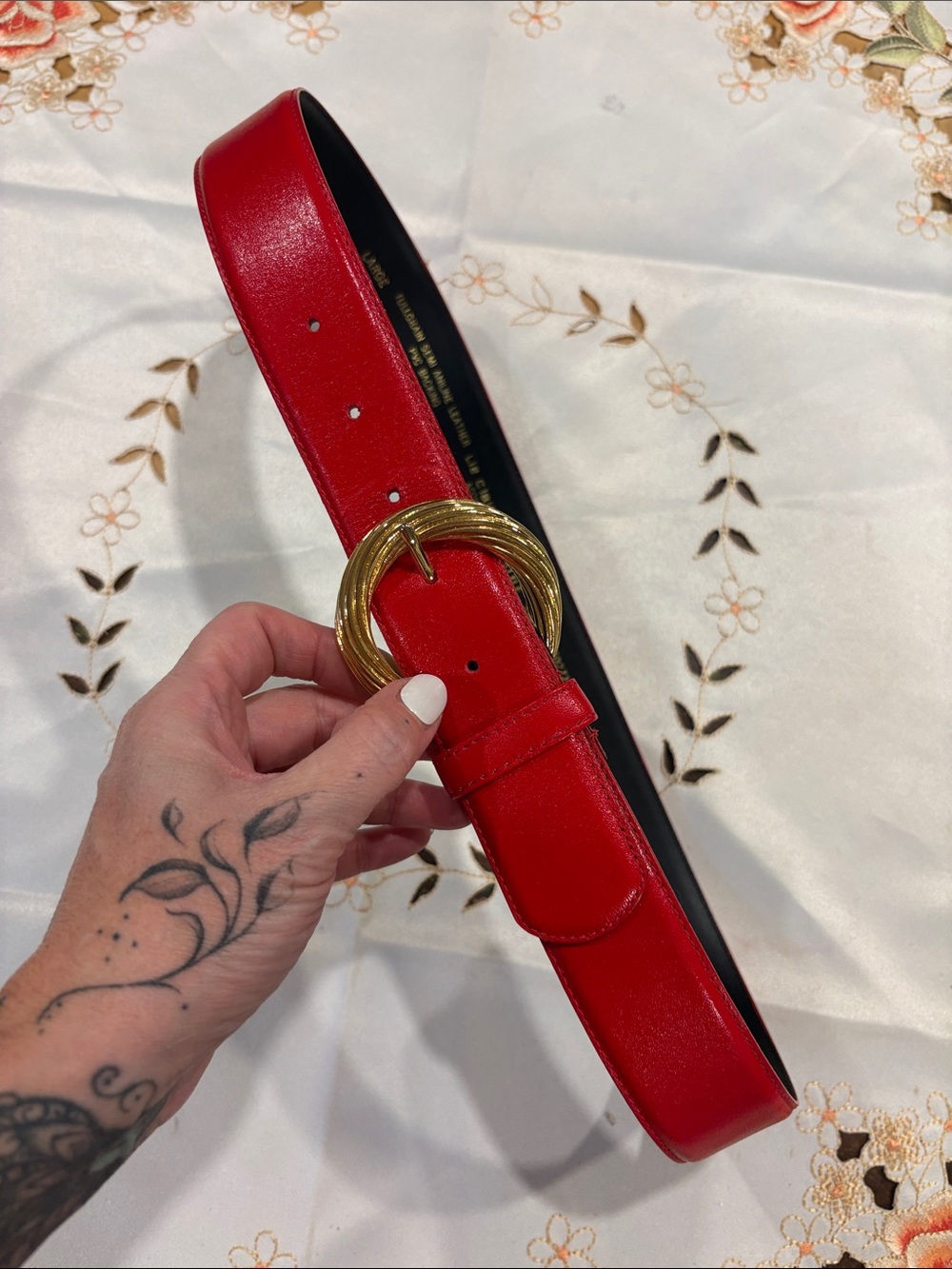 Liz Claiborne Red Leather Belt with Gold Circular Buckle